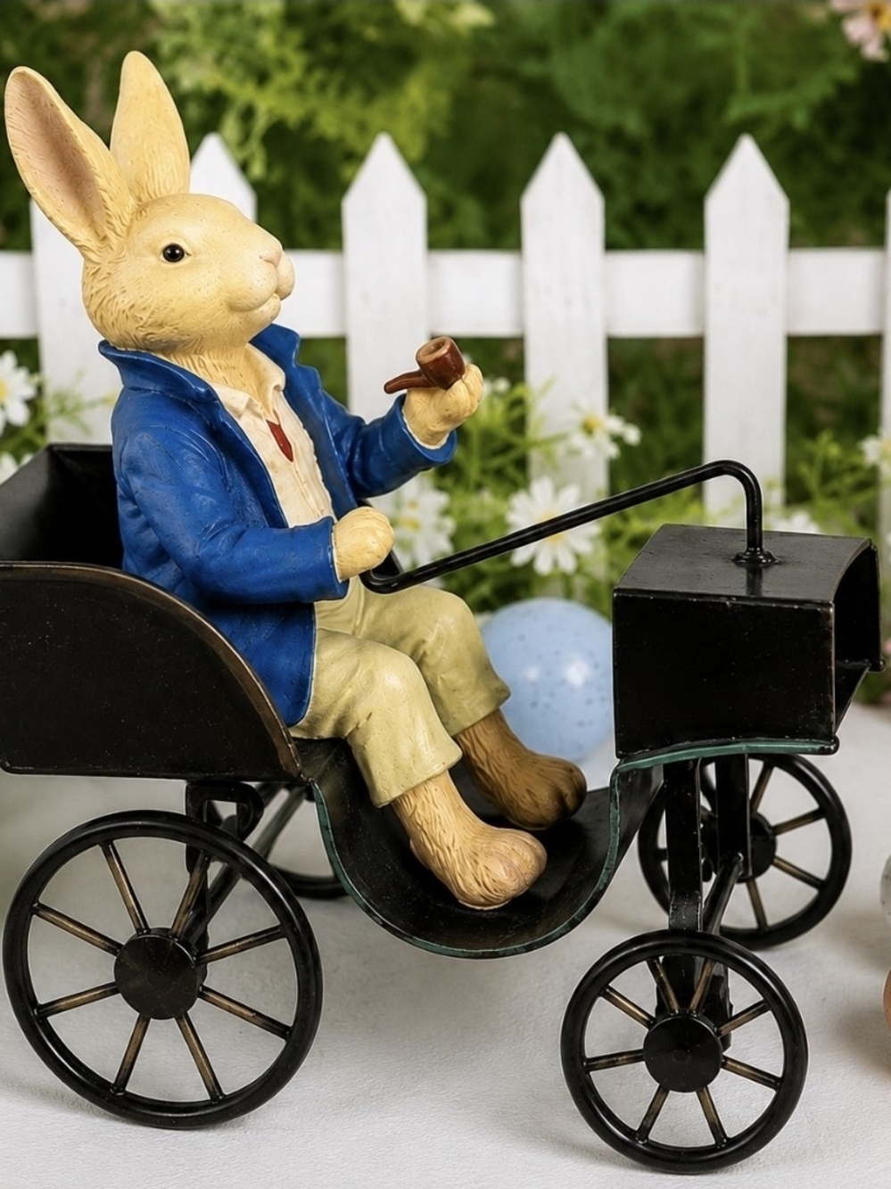 Russ Peter Rabbit Bunny Figurine on Metal Tricycle Cart Easter Spring Decor Coll